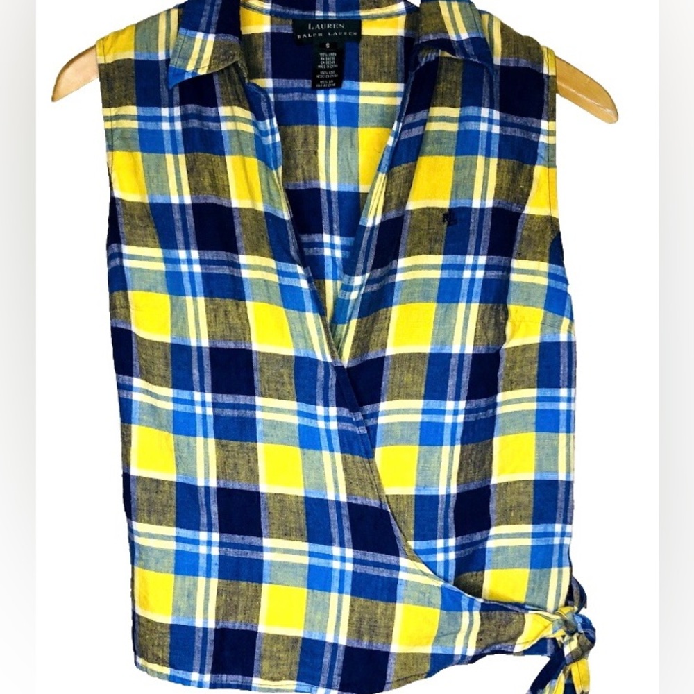 Ralph Lauren Yellow and Blue Plaid Tie-Waist Sleeveless  Cropped Top Size S